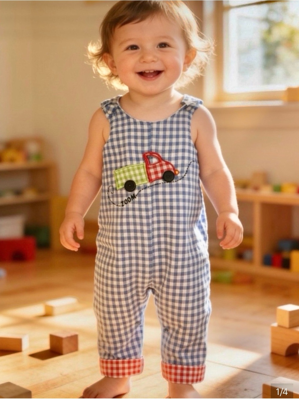 Mud Pie 2T-3T Blue Gingham Romper Overalls with Red & Green Truck Appliqué